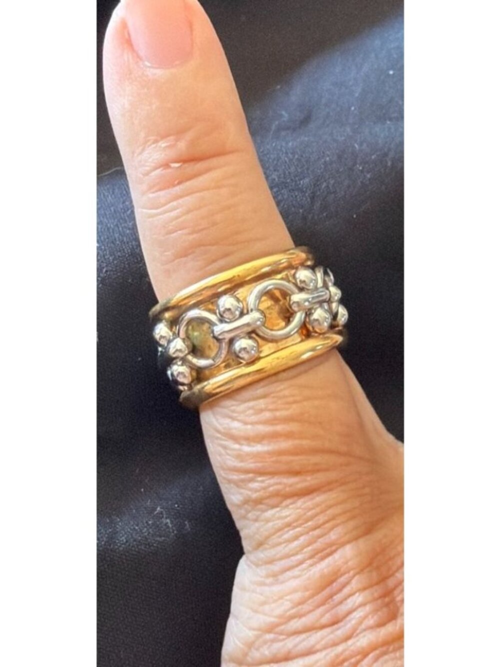 Goldtone Chain-Link Statement Ring Size 5 With Silver Accents